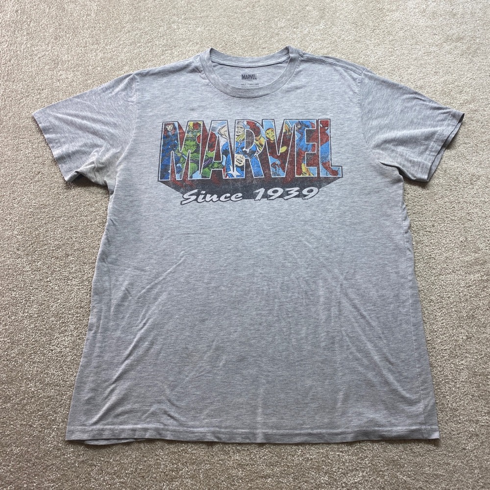 Marvel Since 1939 Shirt Mens 1XLT Gray Graphic Tee Superhero Marvel Comics